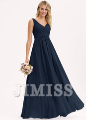 A-line V-neck floor-length chiffon pleated bridesmaid dress