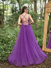 Backless floral decal details sheer thin shoulder straps and floor length formal dress