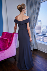 Off shoulder collar soft crepe trumpet dress with beaded waistband for mother of bride dresses