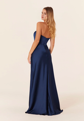 Satin straight neckline off shoulder front skirt with slit bridesmaid dress