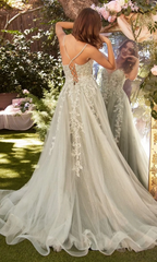 Long A-line low V-neck lace up backless Prom dress