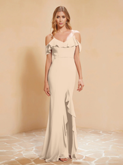 Ruffle V-neck floating sleeve fishtail chiffon dress