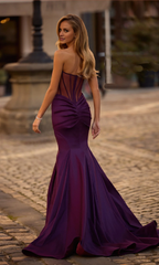Jimiss off shoulder strapless mermaid satin and floor length evening dress