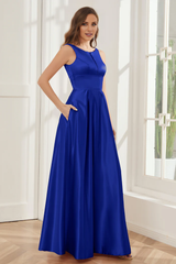 A-line sleeveless satin and floor length bridesmaid dress