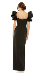 Black heart-shaped neckline short bubble sleeves side slits and floor length Prom dress