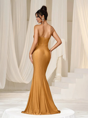 Mermaid strapless backless and floor length formal dress