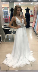White v neck chiffon lace long prom dress, white evening dress