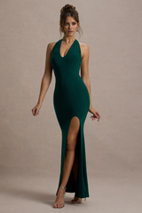 Hanging neck exposed back side slit and floor length evening dress - Jimiss Dress