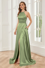 Column neck hanging soft satin and floor length bridesmaid dress