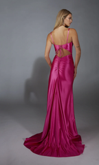 Jimiss square neck thin shoulder strap with exposed back side slit and floor length evening dress