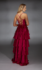 Satin chiffon evening gown high neck A-line back lace up slit tight corset long formal dress