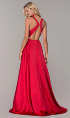 A-line V-neckline satin backless side slit Prom dress