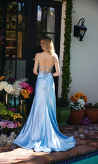 Jimiss off shoulder pleated thin shoulder strap backless side slit and floor length evening dress