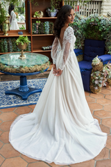 A-line V-neck embroidered lace chiffon and floor length wedding dress
