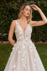 3D floral decal long sleeved wedding dress