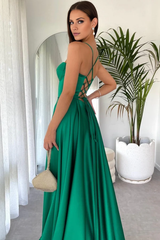 Jimiss minimalist A-line sweetheart neckline slim shoulder strap sleeveless high side slit with trailing tie formal evening gown