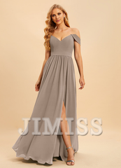 A-line off-the-shoulder floor-length chiffon bridesmaid dress