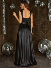 Black A-line square neck sleeveless satin and floor length formal dress