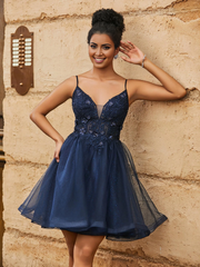 Floral transparent lace top V-neck short Homecoming dress