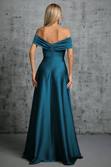Peacock blue satin off shoulder pleated formal dress