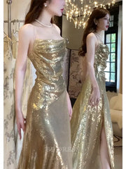 Sheath Spaghetti Straps Gold Sequin Slit formal dresses Bridesmaid Dresses evening gown Prom Dress