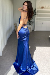 Jimiss mermaid low V-neck backless sleeveless pleated backless floor length ball gown formal evening gown