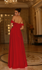 Jimiss A-line off shoulder pleated backless and floor length evening dress