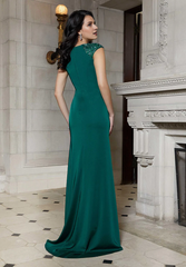 Fitted crepe beaded sleeve decal and floor length gown evening dresses