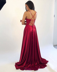 Jimiss satin thin shoulder strap with deep red side slit and floor length Prom dress