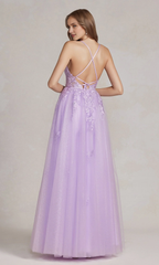 A-line V-neck tight corset embroidered with floral side slits and floor length Prom dress