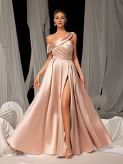 A-line asymmetrical collar satin side slit and floor length Prom Dress - LD Dress