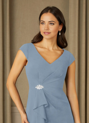 Sheath V-Neck Pleated Chiffon Dusty Blue formal dresses evening dress Mother of the Bride Dresses