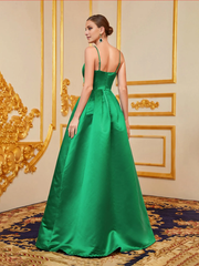 Off shoulder thin shoulder strap satin side slit and floor length Prom Dress - LD Dress