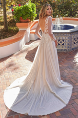 A-line high illusion V-neck long sleeved and floor length wedding dress