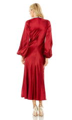 High neck long sleeved wine red tea long prom dress