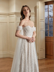 Ivory A-line off shoulder sweetheart super long lace wedding dress