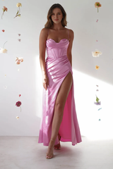 Flower pink tight corset satin evening gowns