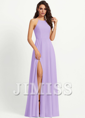 A-line low round neck floor down chiffon bridesmaid dress