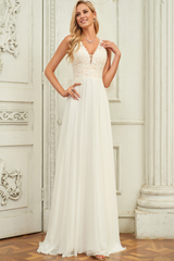 A-line V-neck sweeping trailing sleeveless lace chiffon wedding dress