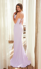Jimiss V-neck slim shoulder strap pleated side slit and floor length evening dress