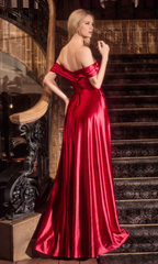 Jimiss off shoulder satin backless side slit and floor length Prom dress