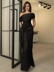 Mermaid/Trumpet Evening Dress Elegant Dress Formal and Ground length Short sleeved Shoulder Pocket Ribbon Bow 2025 Gowns Evening Dresses