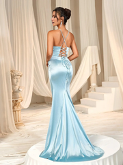 A-line tight corset with satin thin shoulder straps and floor length formal dress