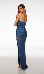 Hanging pleated neckline strapless tight corset with exposed back and floor length Prom dress