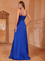 V-neck ruffle edge slit satin thin shoulder strap and floor length formal dress