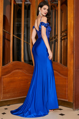 Royal blue mermaid off shoulder tight corset evening dress