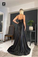 32819 - Spaghetti Straps V-Neck Appliques Side Slit Empire-Waist Prom Evening Formal Dress