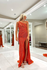 Mermaid One Shoulder Orange Sequins Long Prom Dresses