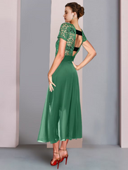 Two Piece Mother of the Bride Dress Formal Wedding Guest Elegant Scoop Neck Knee Length Chiffon Lace Short Sleeve with Bow(s)