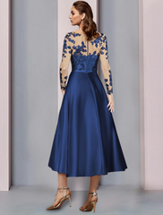 A-Line Mother of the Bride Dress Wedding Guest Elegant V Neck Satin Lace Long Sleeve with Appliques